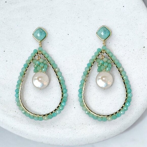 NEW Statement Chandelier Earrings Beaded Natural Amazonite Fresh Water Pearl 18K - Picture 1 of 12